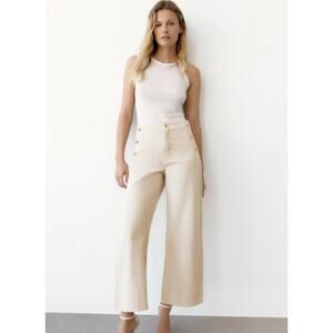 Zara Sailor Cropped Wide Leg Jeans Size 2 Cream Khaki Denim Gold Buttons